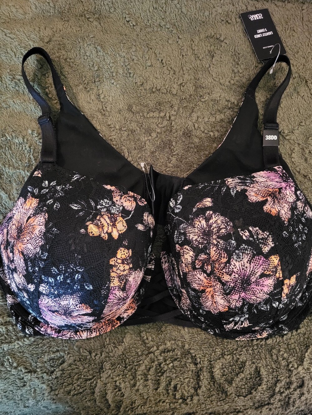 Torrid Lightly Lined T-Shirt Bra Floral Black & Pink - Picture 1 of 3